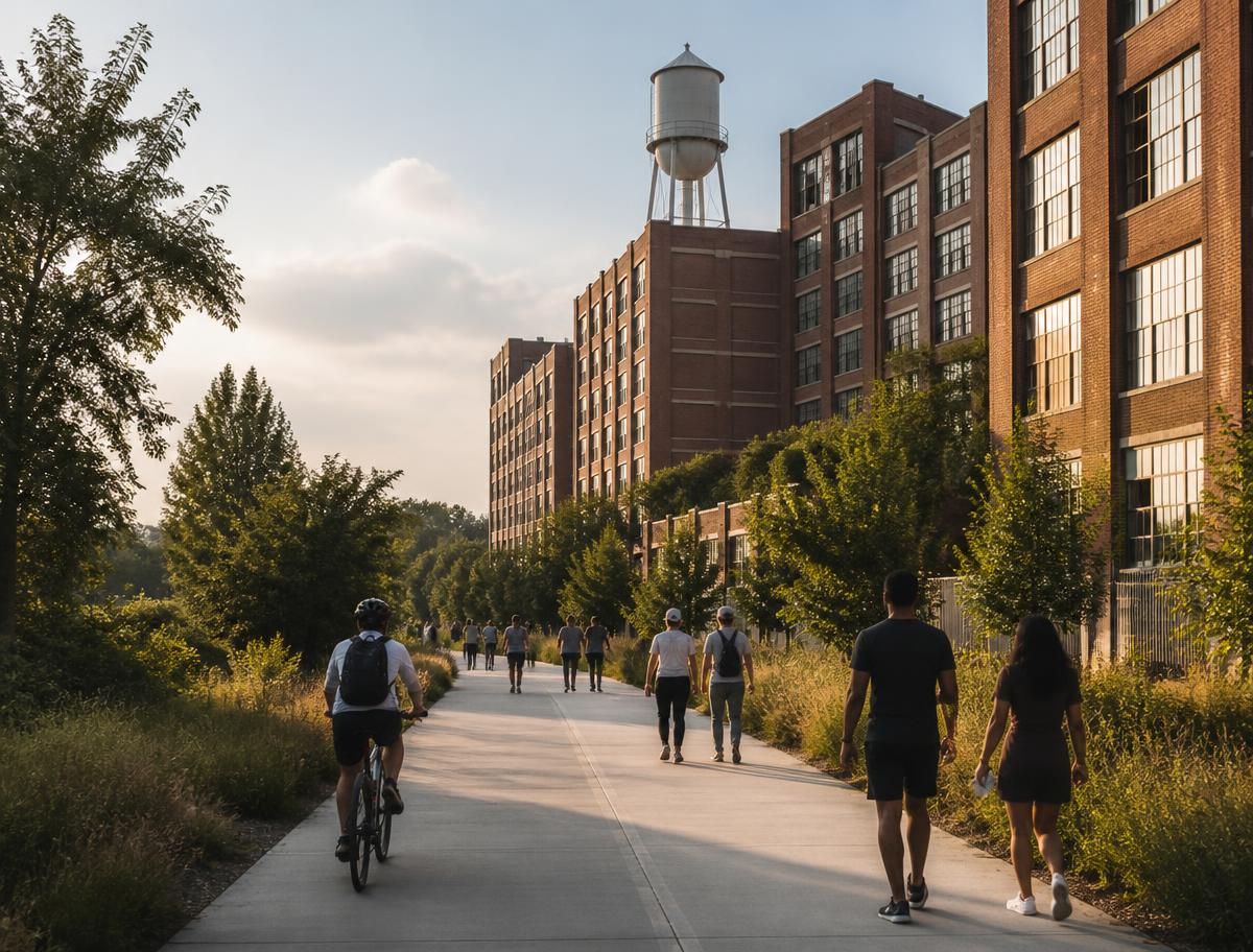 Walkers and a cyclist on the Atlanta BeltLine Eastside Trail beside the restored brick warehouse and water tower at Ponce City Market in warm afternoon light