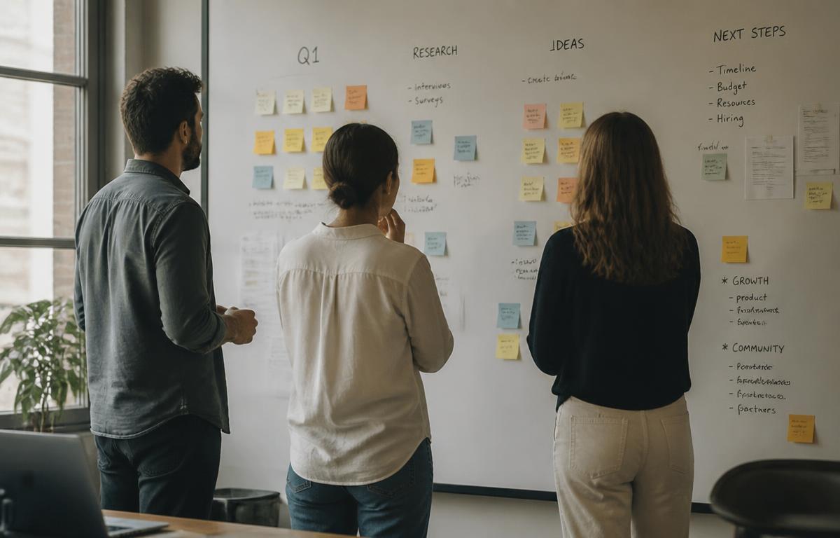 Three colleagues standing at a whiteboard covered in sticky notes during a working session