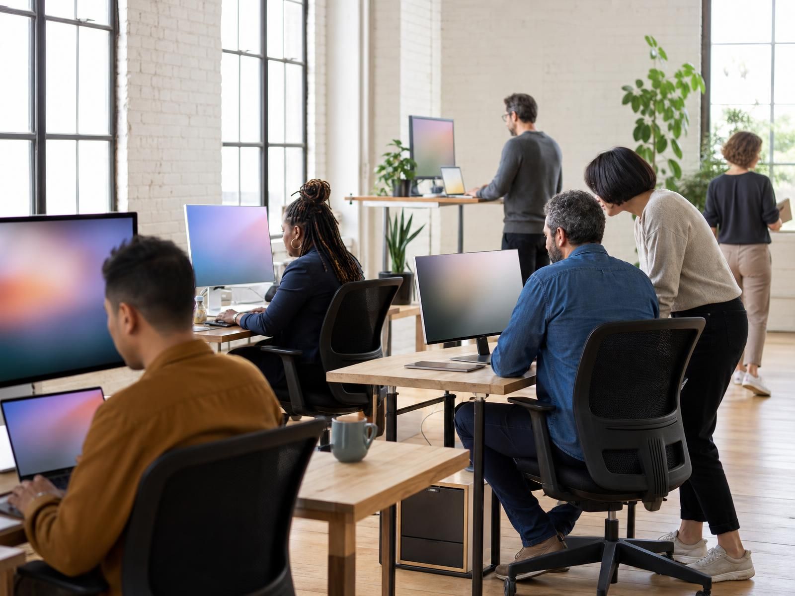 Colleagues working at desks in a bright loft office