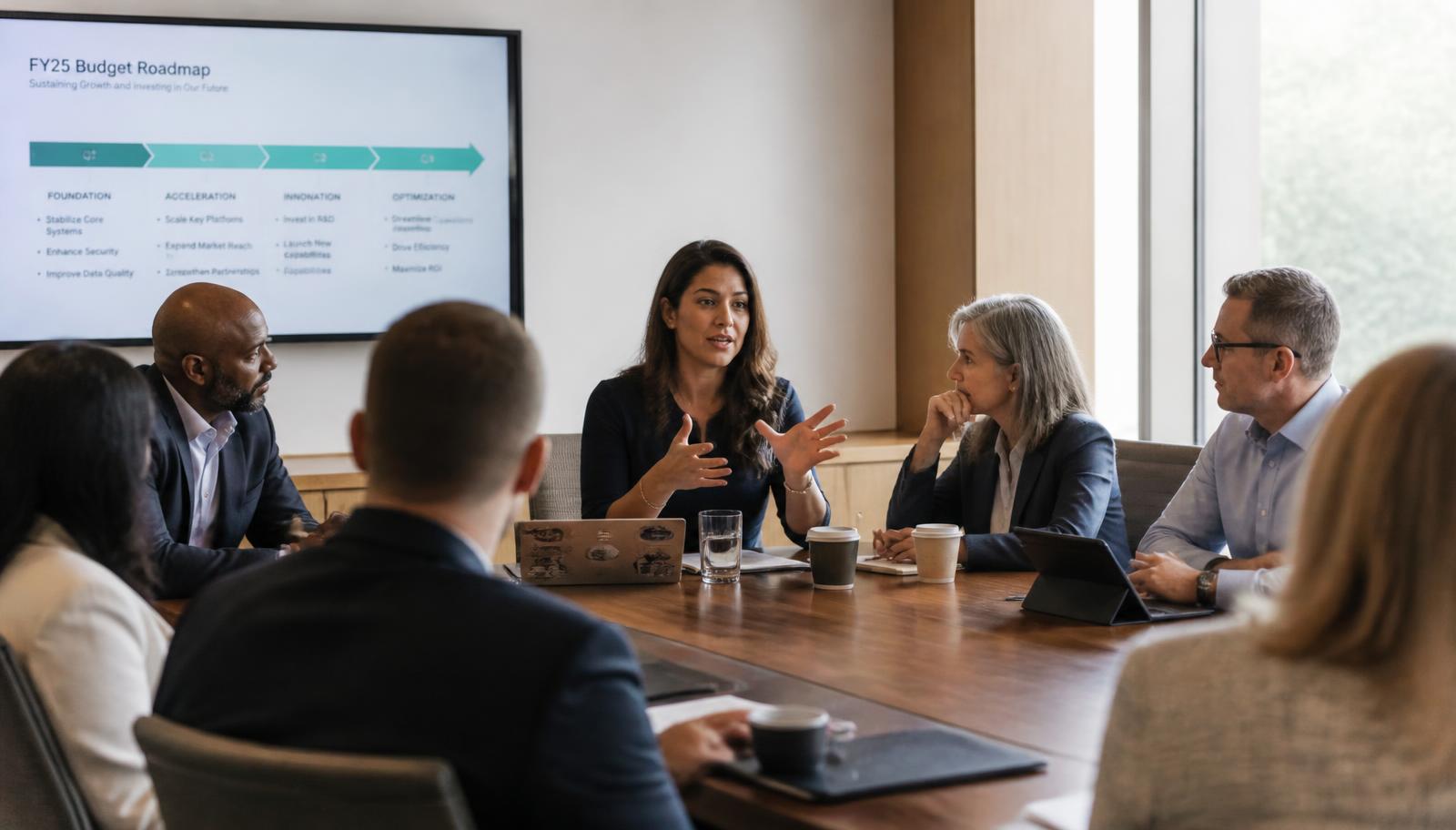 A technology executive mid-sentence taking a board committee through a budget roadmap around a conference table