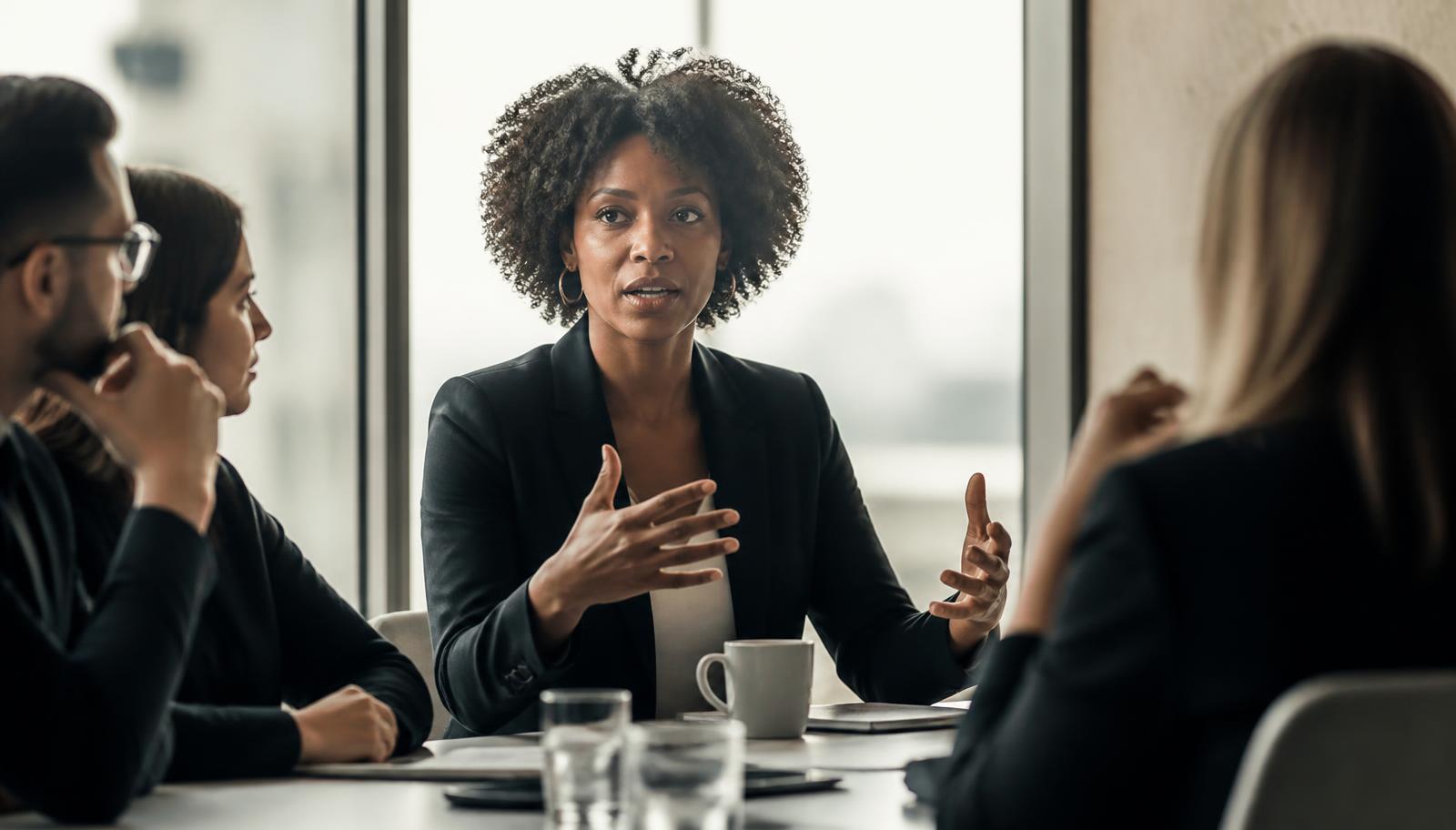 An executive leading a discussion at a conference table with colleagues listening, window light behind her