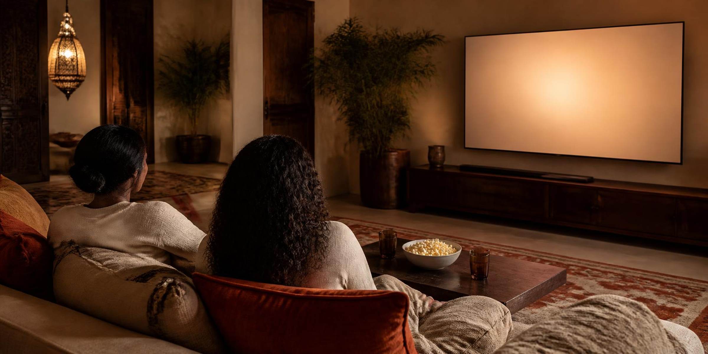 A woman and her adult daughter on a sectional sofa in a warmly lit living room, watching a screen together in the evening