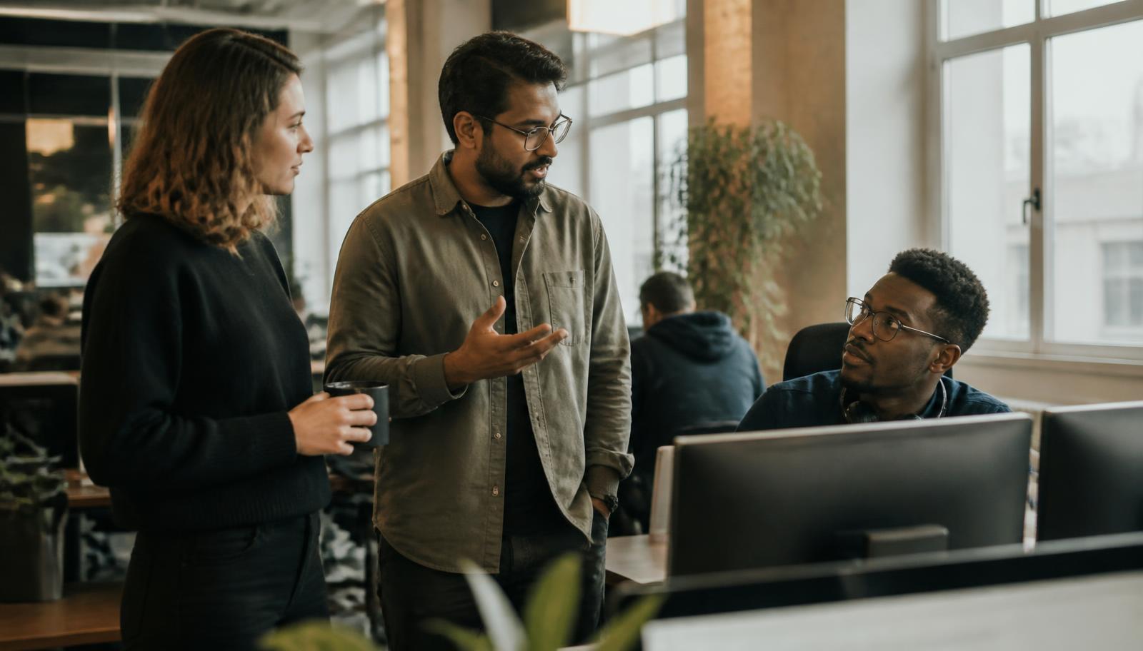 Two colleagues standing at a desk in conversation with a seated engineer in a daylit open office