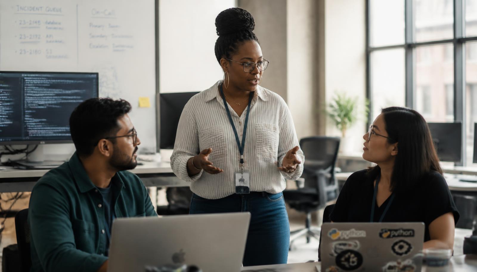 An IT operations lead standing at her team's desks, talking through an incident queue with two engineers in a daylit office